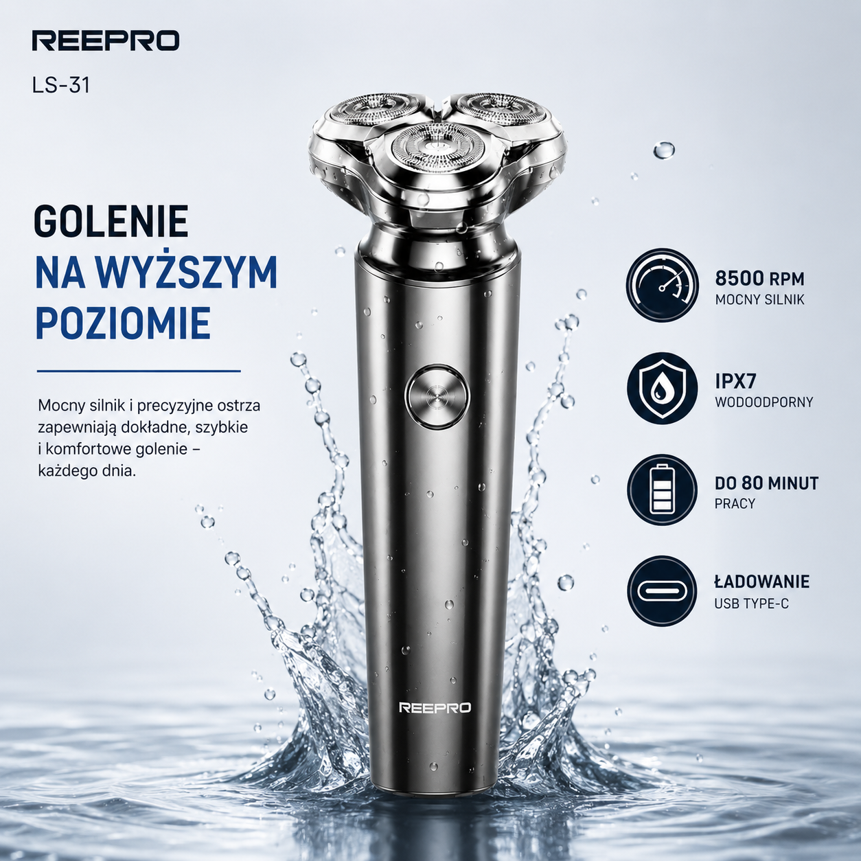 Elektryczna Maszynka do Golenia dla Mężczyzn 8500 RPM Wodoodporna IPX7
